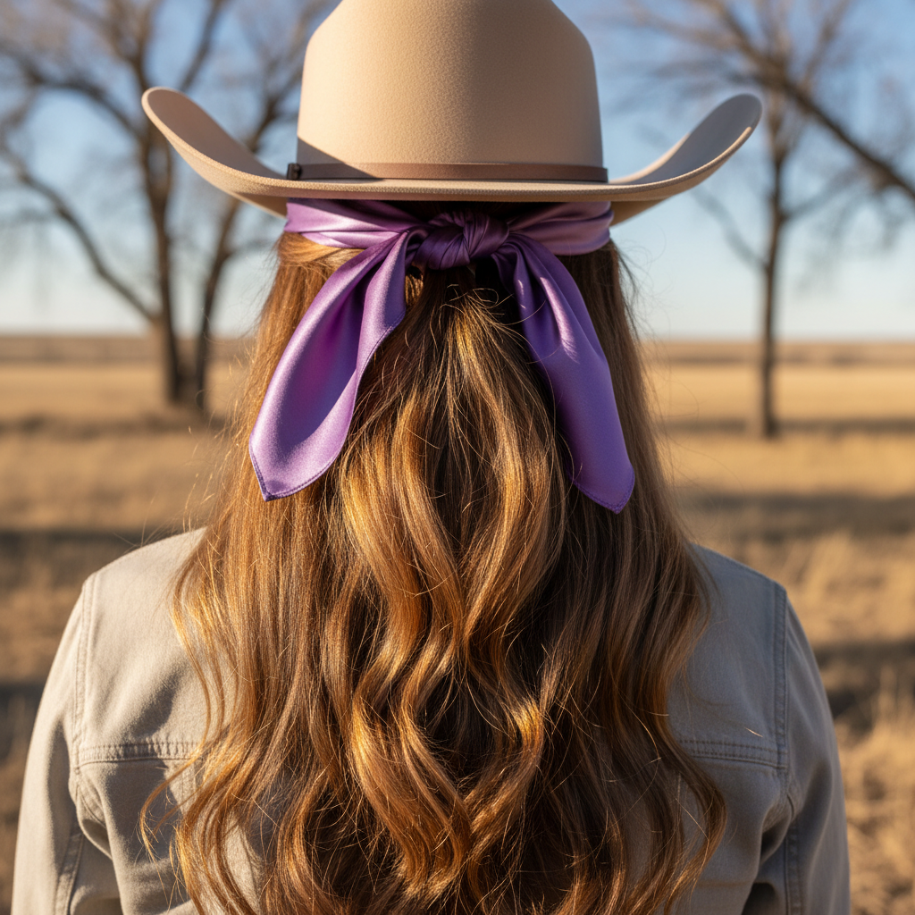 Lavender purple wild rag 23x23 scarf styled as hair tie on cowgirl