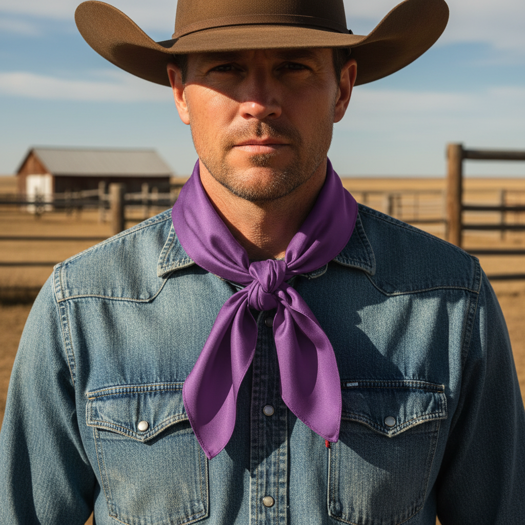 Lavender purple wild rag 23x23 scarf tied in front with visible knot on cowboy