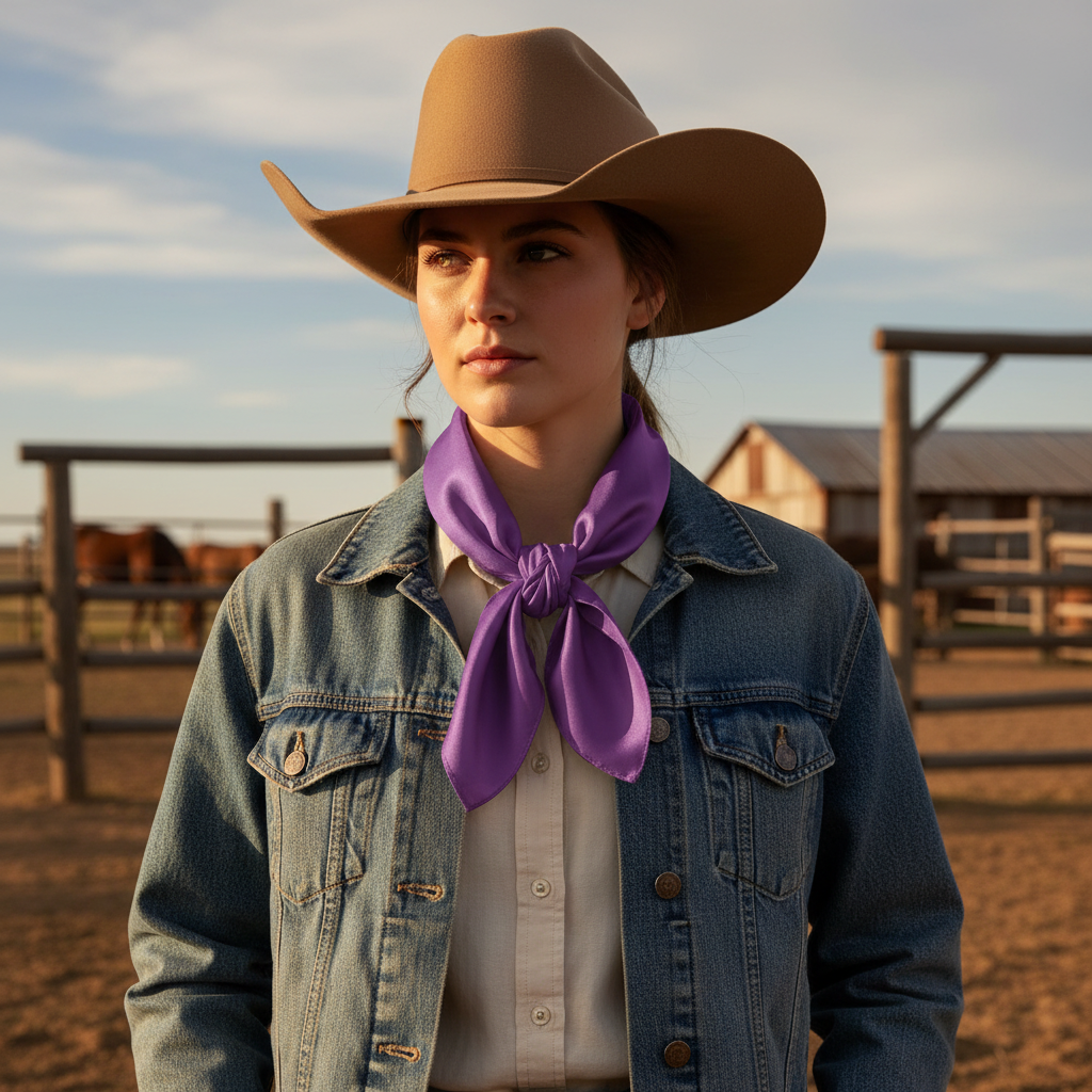 Lavender purple wild rag 23x23 scarf wrapped around cowgirl's neck