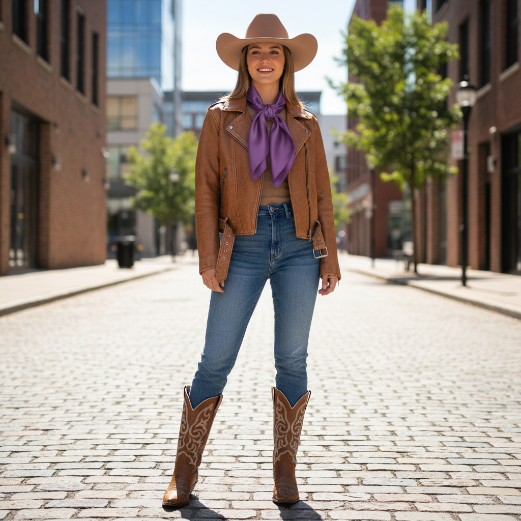 Lavender purple wild rag 23x23 styled with leather jacket and boots