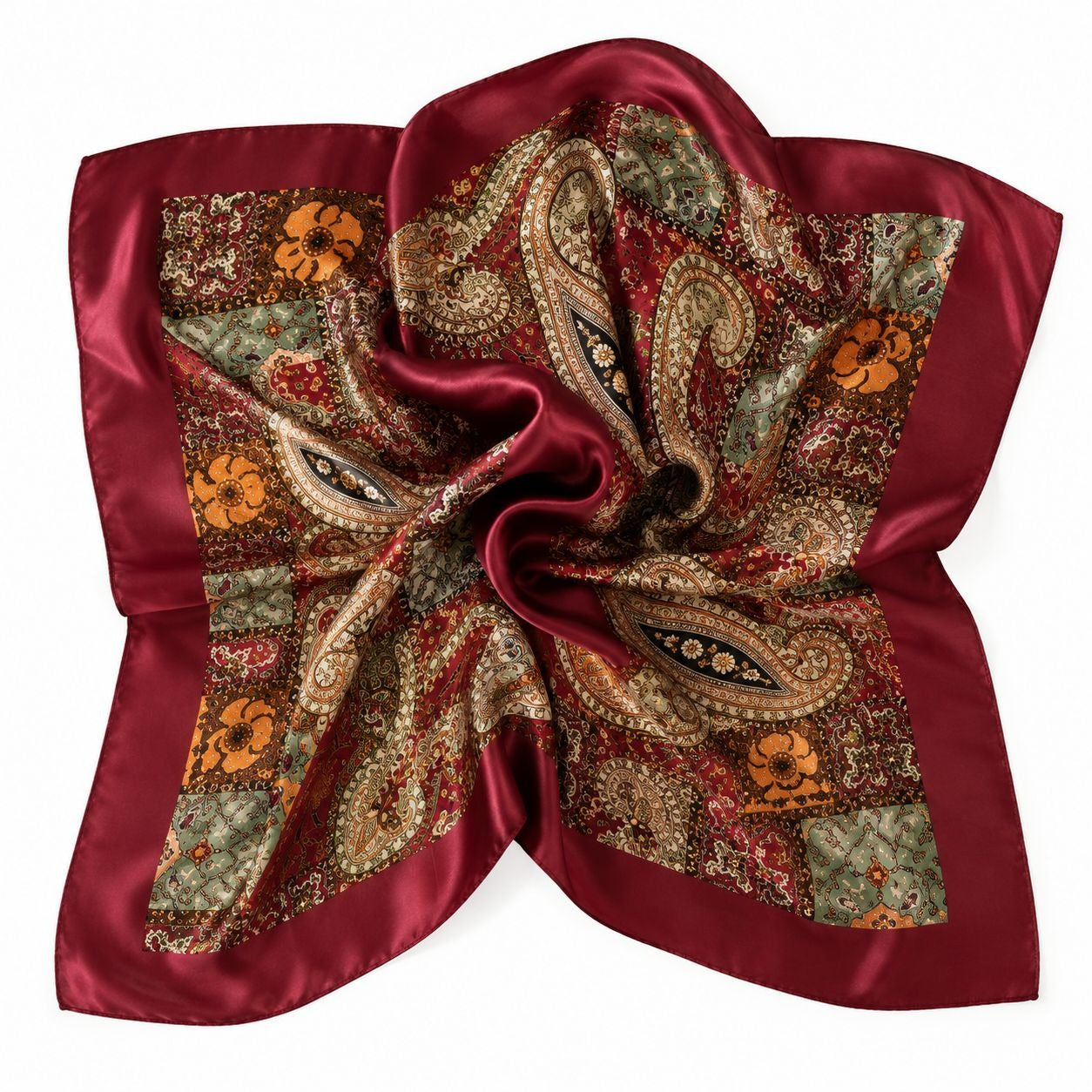 35x35 Burgundy Paisley Satin Square Scarf Western Hair Scarf Head Scarf Boho