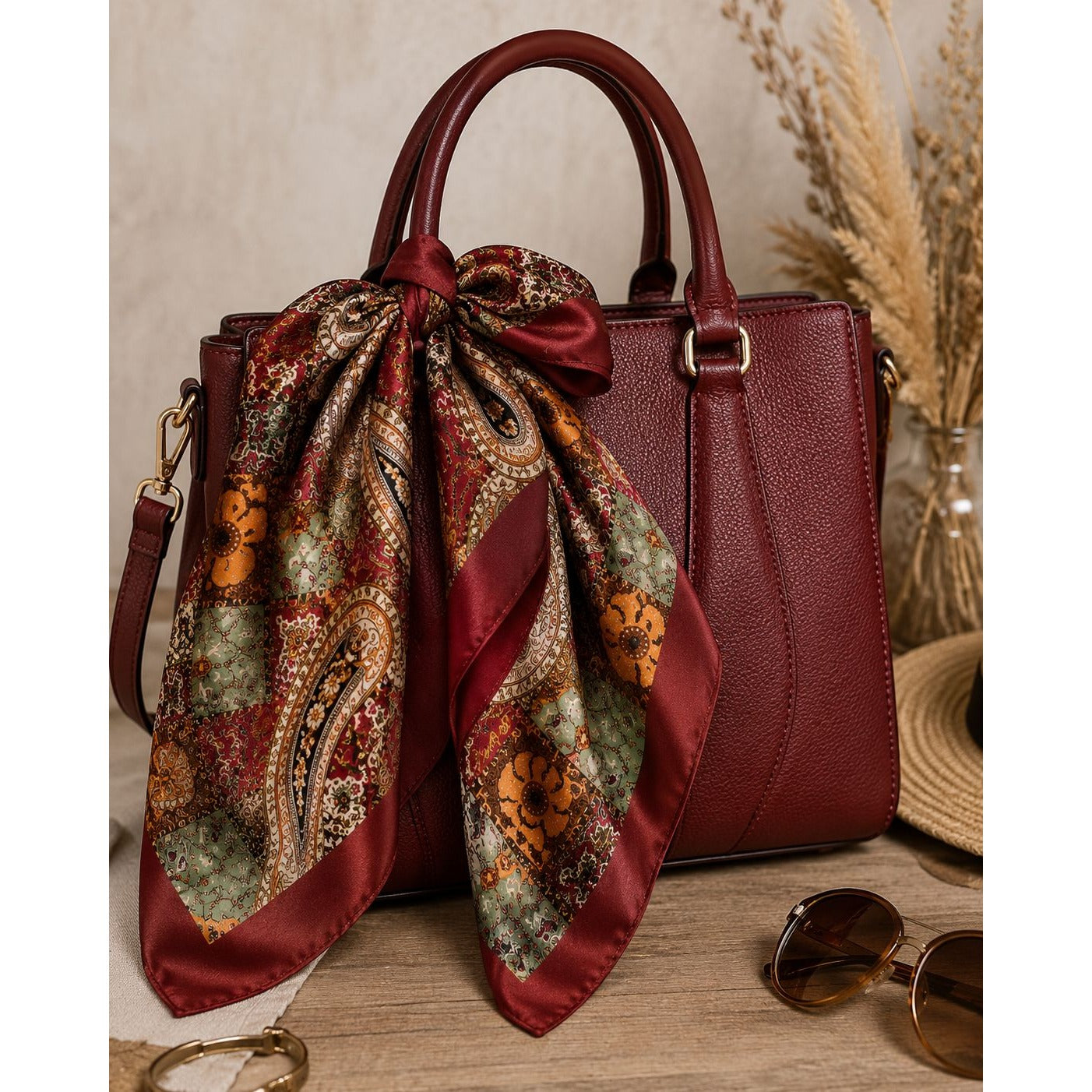 Red handbag with a patterned scarf draped over it, placed on a wooden surface.