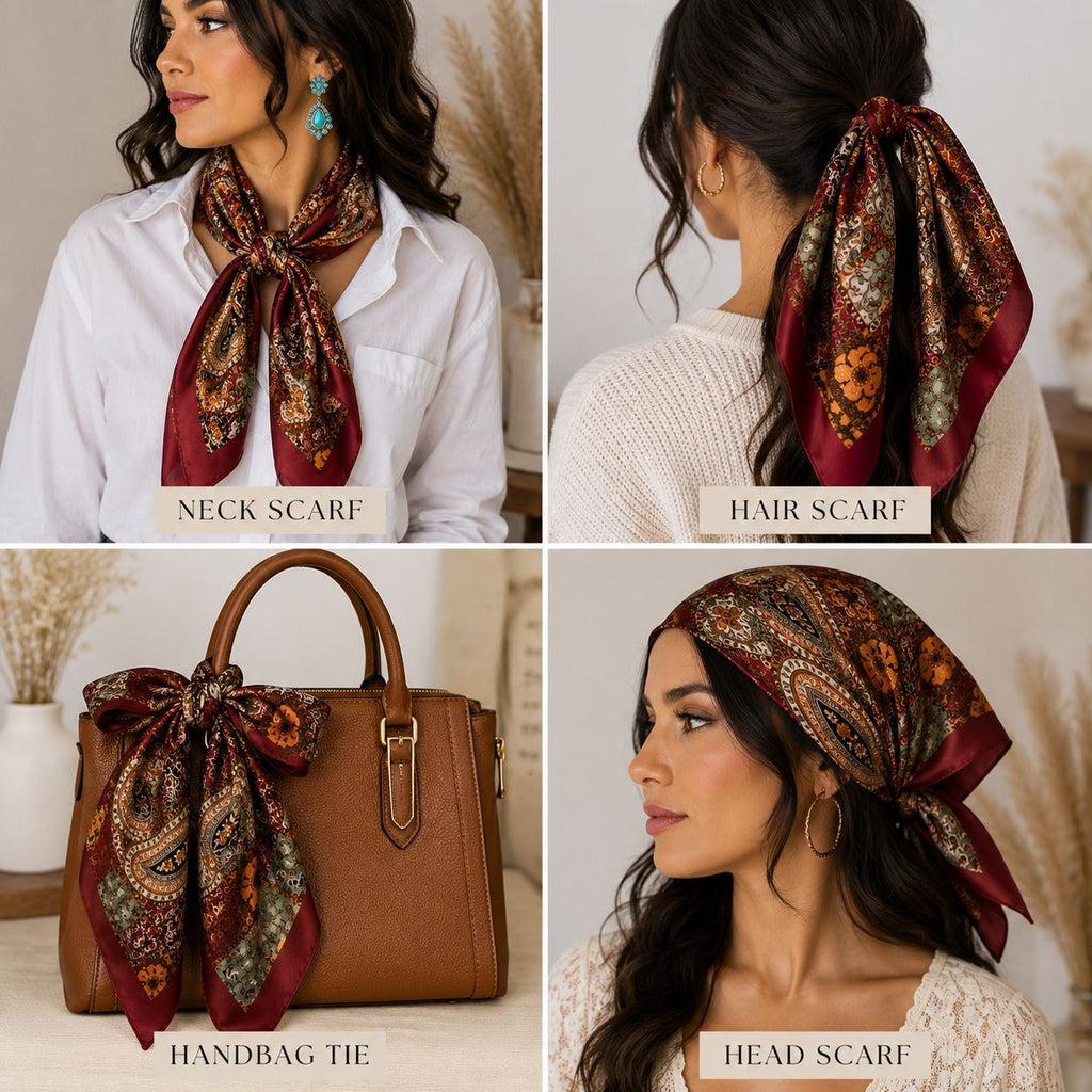 Scarf displayed on a woman, used as a neck scarf, hair tie, handbag tie, and head wrap.