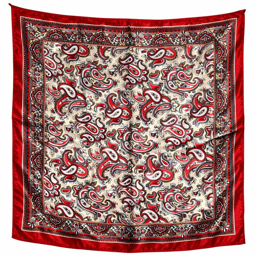 Womens Satin Square Scarf Red Paisley Print Hair Neck Head Wrap Bag Scarf Boho Vintage 20x20