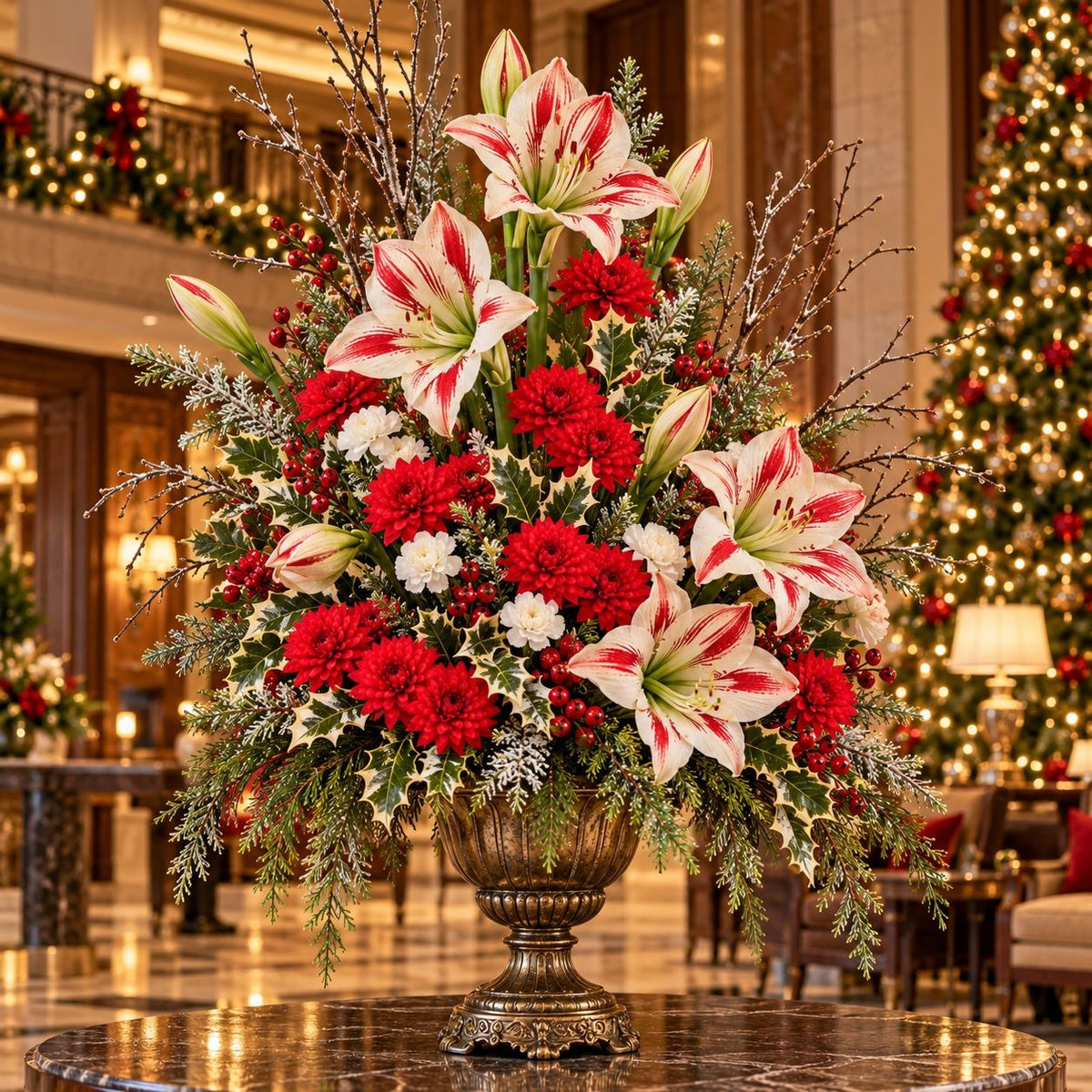 A large holiday floral arrangement in an ornate pedestal vase, featuring red and white lilies, red mums, white flowers, green foliage, and holly, displayed on a marble table in a grand indoor lobby with a Christmas tree in the background.