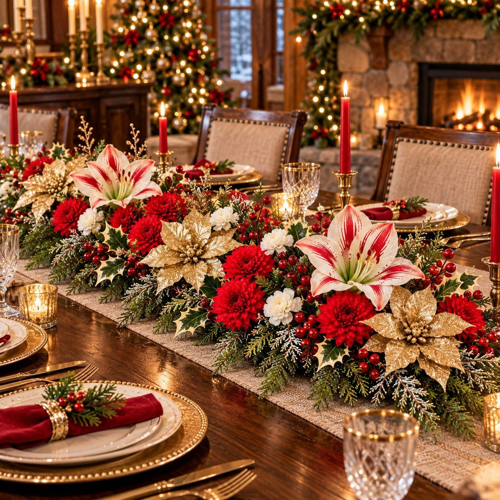 A festive Christmas table centerpiece with red and white flowers, green foliage, gold poinsettias, and red candles on a dark wooden dining table in a warmly lit holiday room.