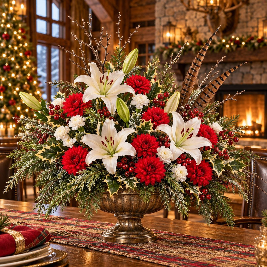 A festive holiday floral centerpiece in an ornate bronze pedestal bowl, featuring white lilies, bright red flowers, green holly, and evergreen branches, displayed on a wooden dining table in a warm, decorated lodge interior.