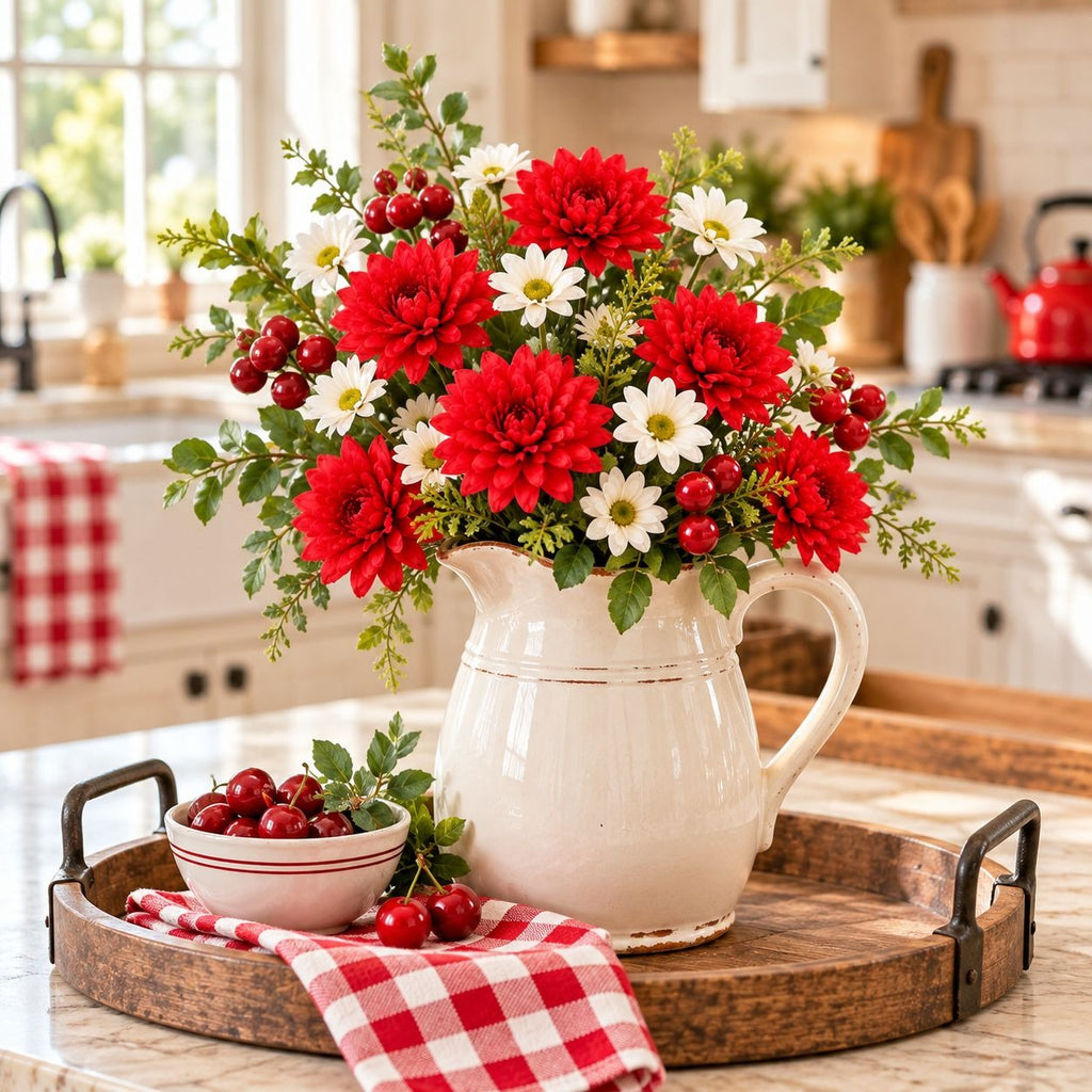 A large ceramic pitcher filled with a red and white floral arrangement of mums, white daisies, and red berries, styled on a wooden tray in a bright kitchen setting.
