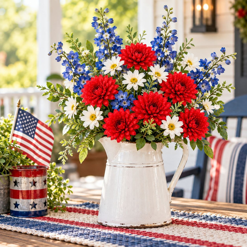 A patriotic floral arrangement in a white metal pitcher, featuring red, white, and blue flowers with green foliage, displayed on a porch table next to a small American flag can.