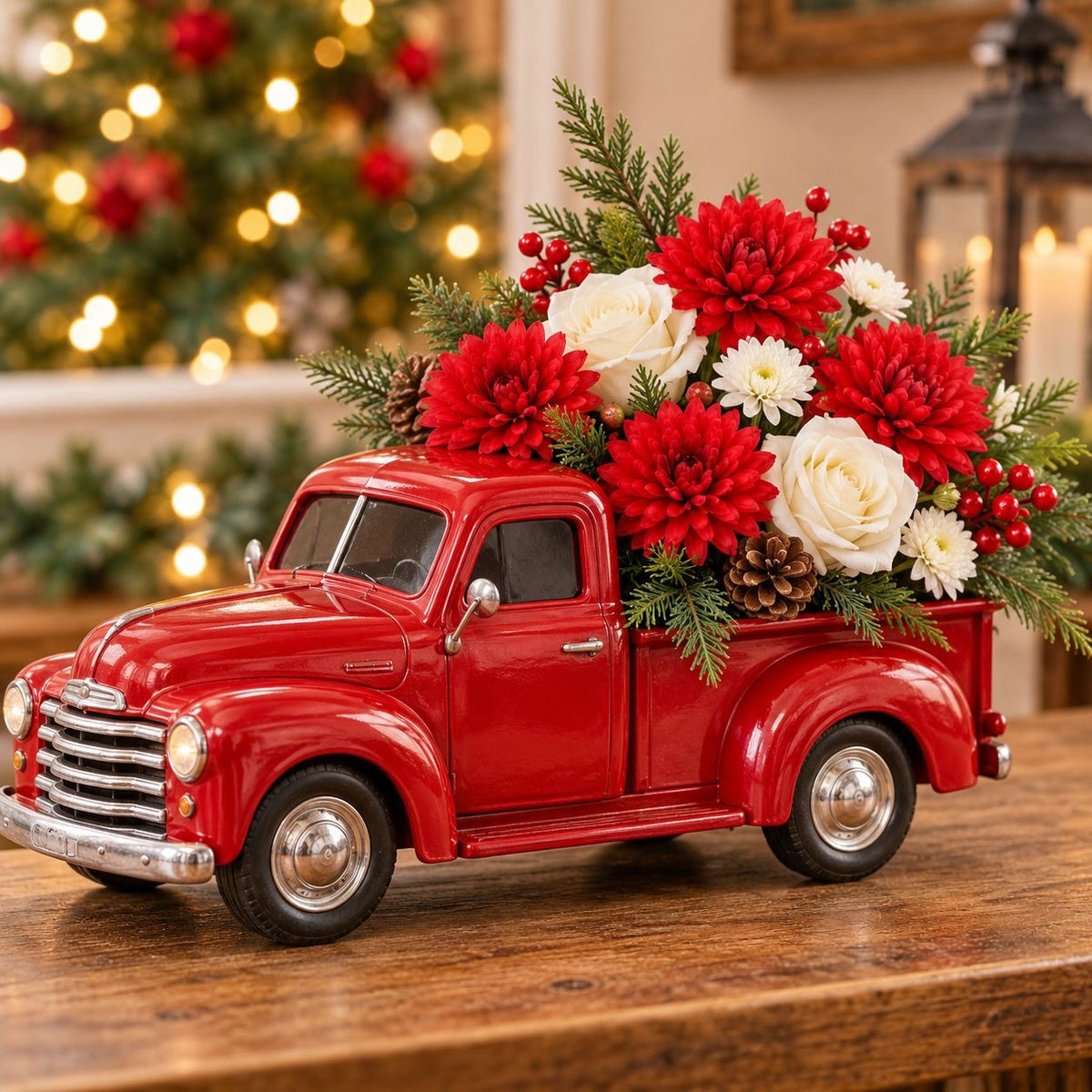 A red vintage pickup truck figurine on a wooden surface, filled with a large holiday floral arrangement featuring red and white flowers, green pine branches, and pinecones, with a blurred Christmas tree in the background.