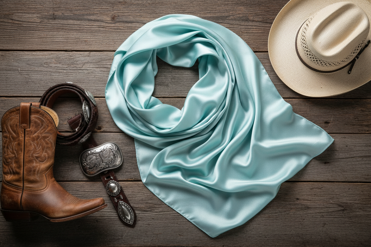 Light aqua blue wild rag scarf flat lay with western accessories
