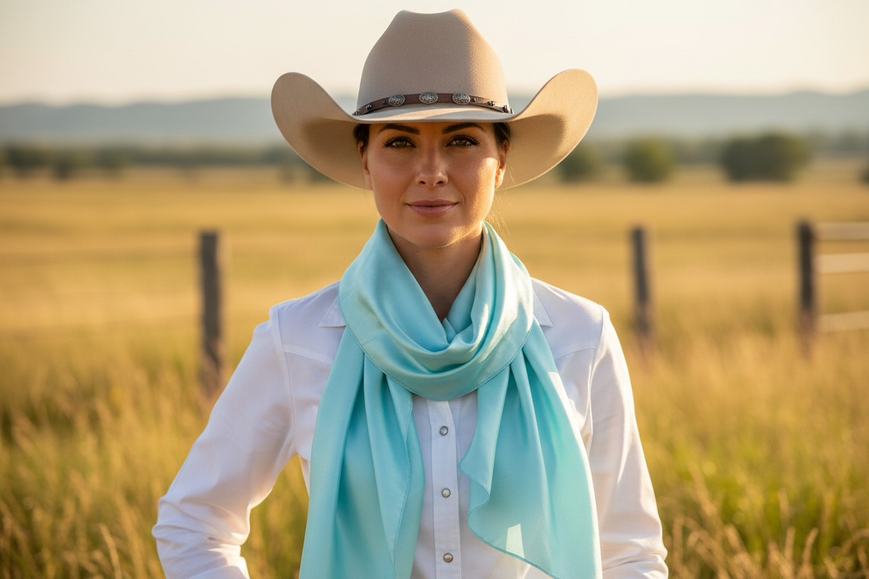 Light aqua blue wild rag scarf worn by cowgirl with white western shirt and hat