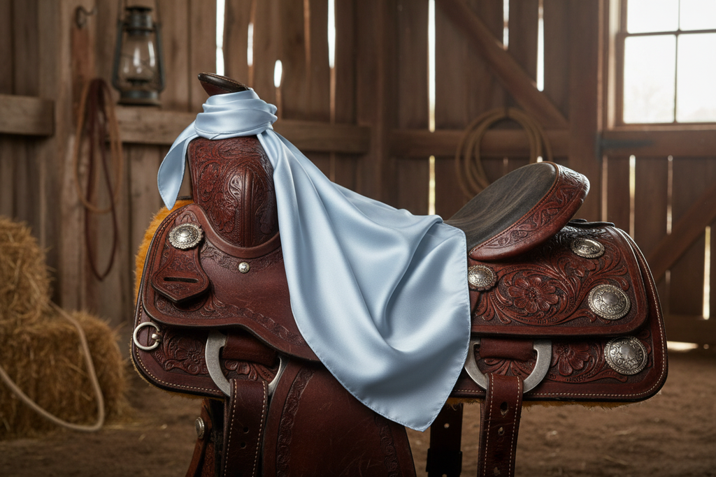 Light blue wild rag 23x23 draped over western saddle with tack