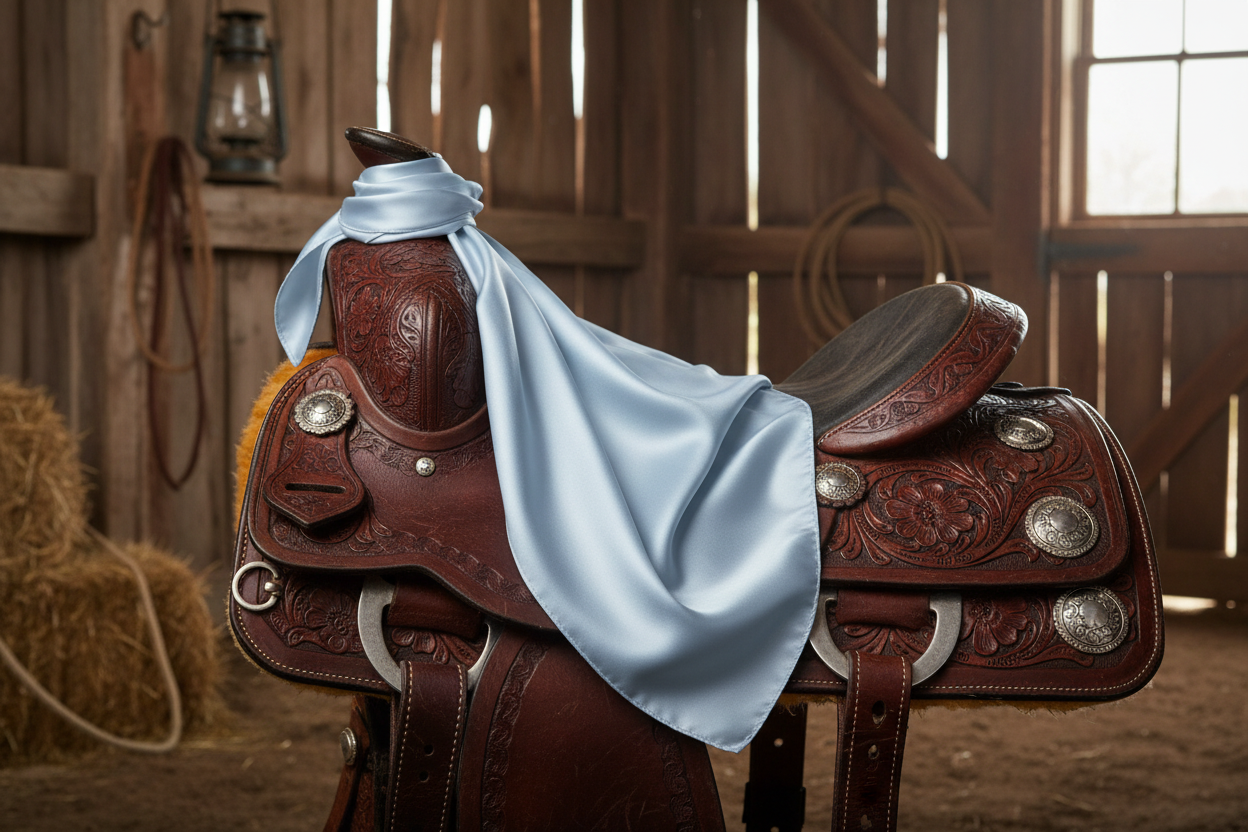 Light blue wild rag 23x23 draped over western saddle with tack