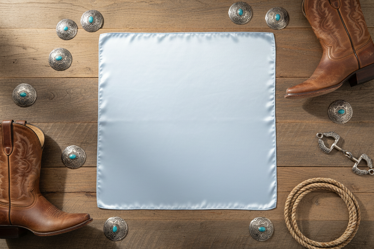 Light blue wild rag 23x23 laid flat in square shape with western accessories