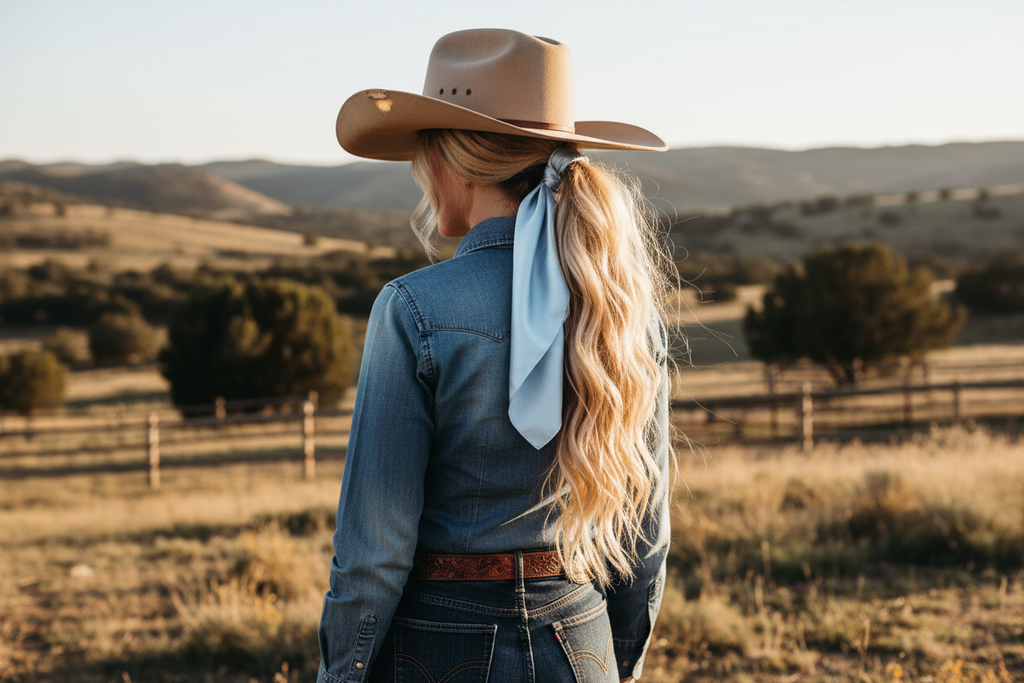 Light blue wild rag 23x23 scarf styled as hair tie on cowgirl