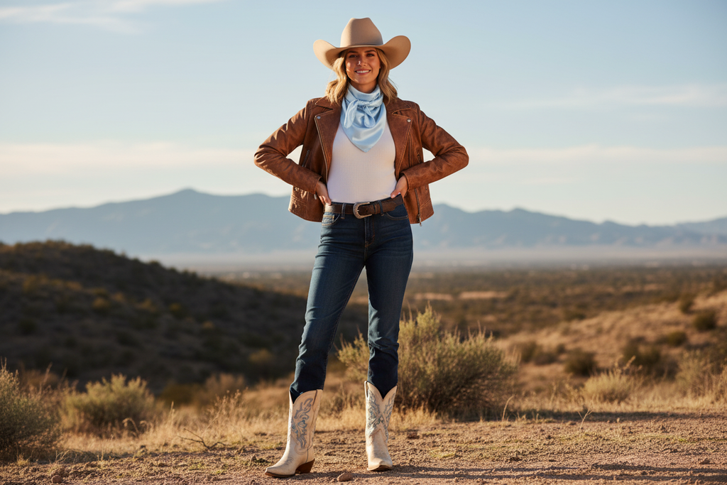 Light blue wild rag 23x23 styled with leather jacket and boots