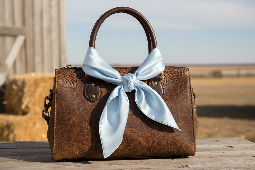 Light blue wild rag 23x23 tied on western leather purse