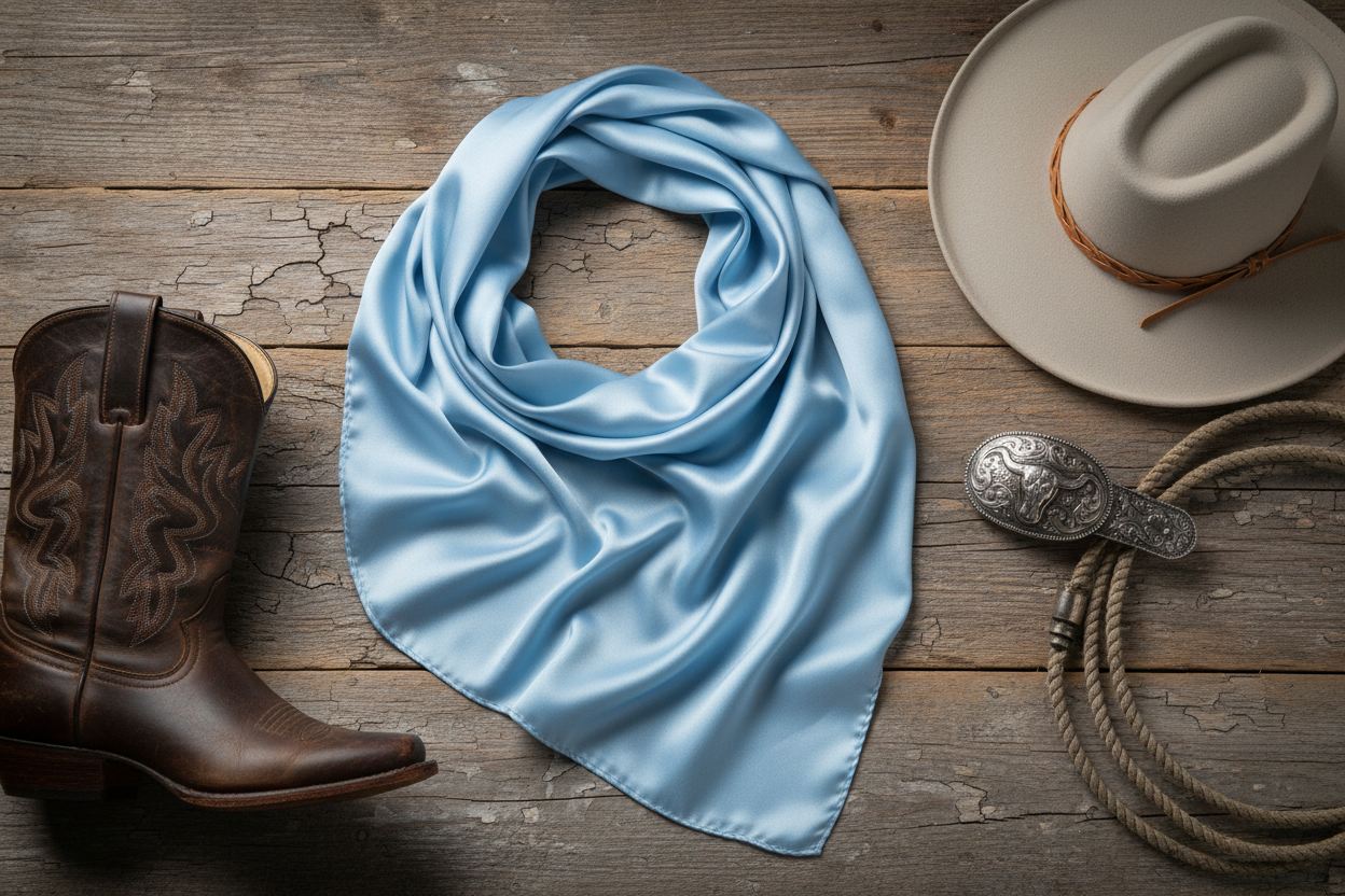 Light blue wild rag scarf flat lay with western accessories