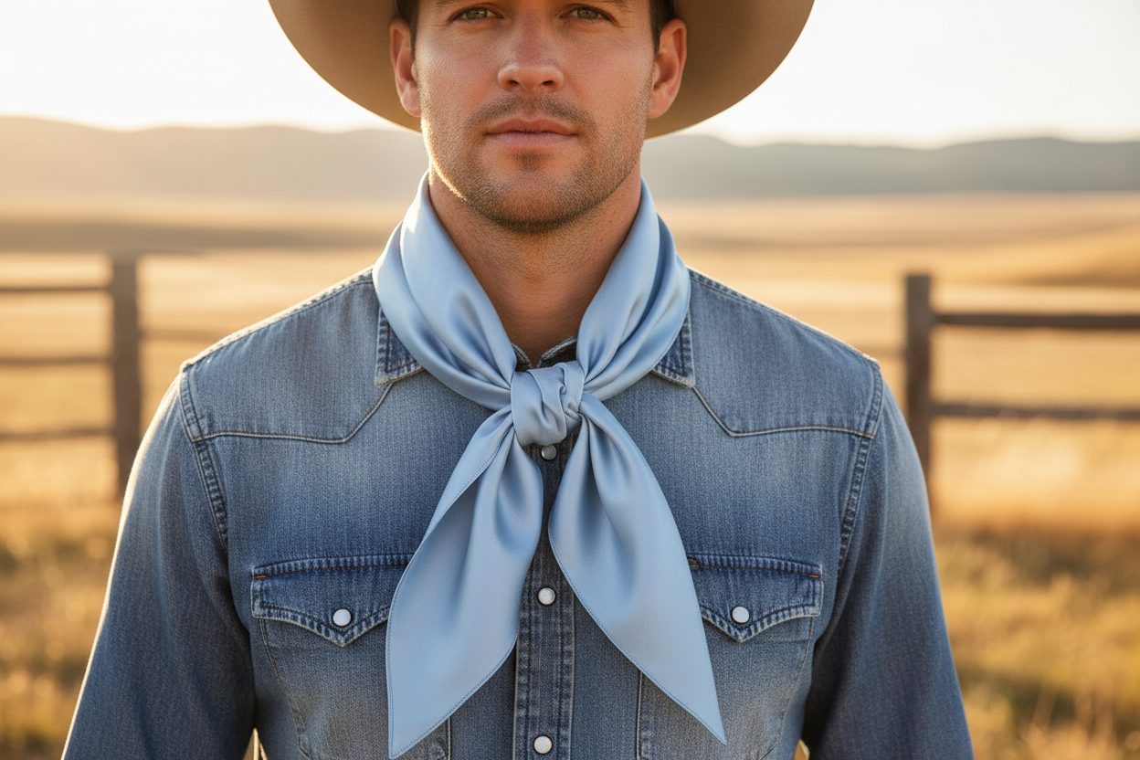 Light blue wild rag scarf worn by cowboy with denim and hat