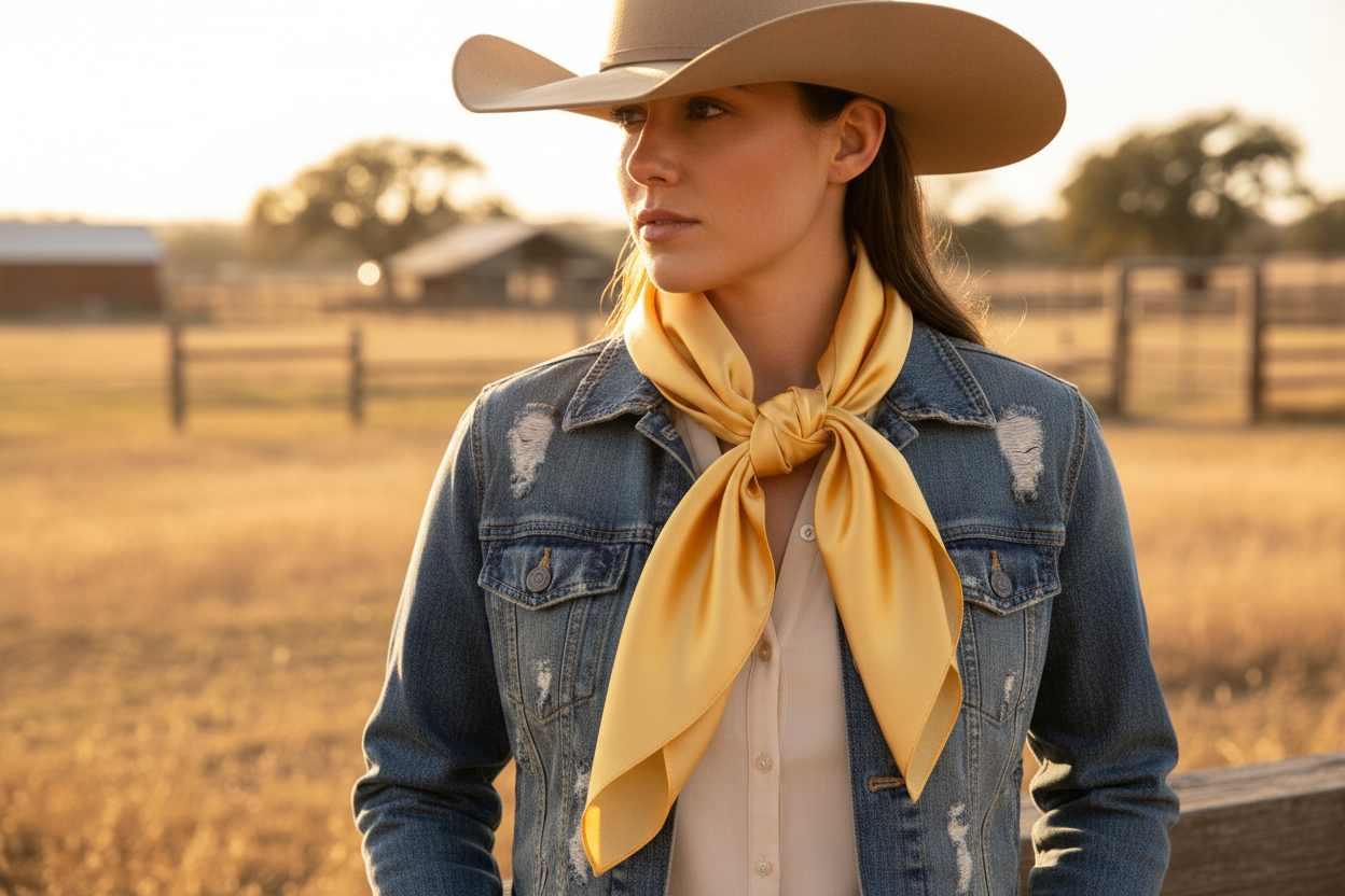 Gold wild rag scarf worn by cowgirl with denim jacket and cowboy hat ranch style