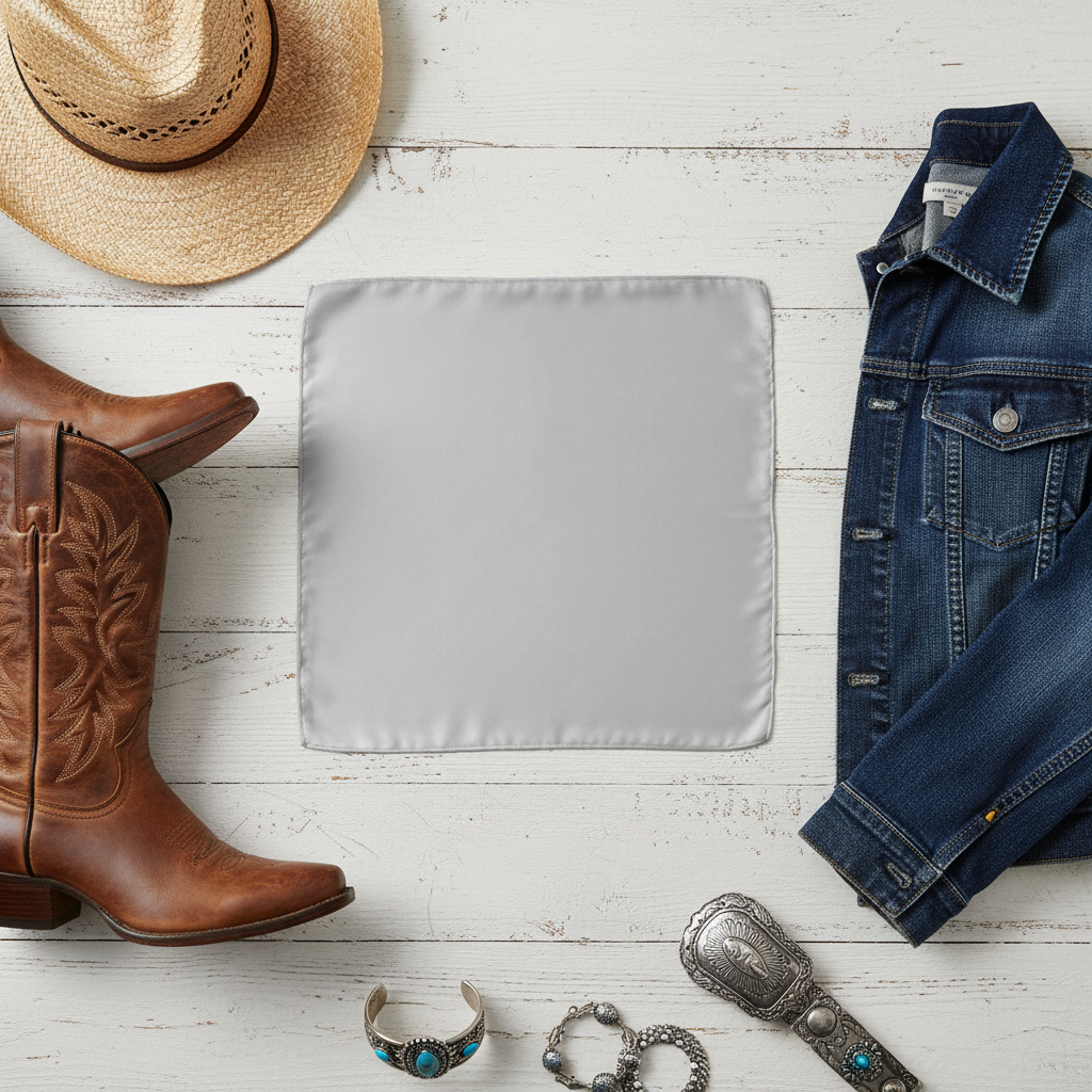 Light gray satin scarf 19x19 flat lay with western accessories