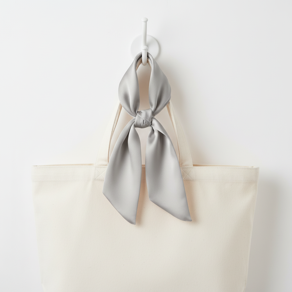 Light gray satin scarf 19x19 tied on white purse draping down