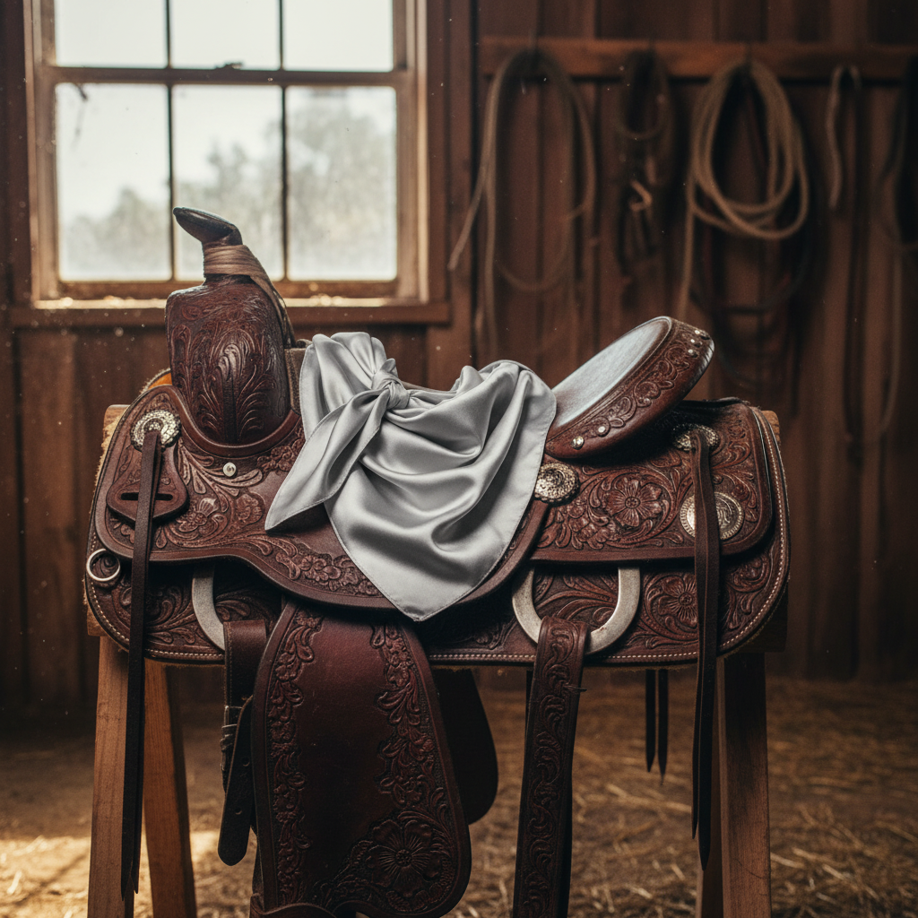 Light gray wild rag 23x23 draped over western saddle with tack