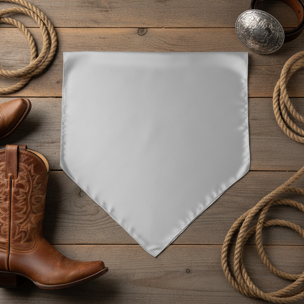 Light gray wild rag 23x23 laid flat in square shape with western accessories