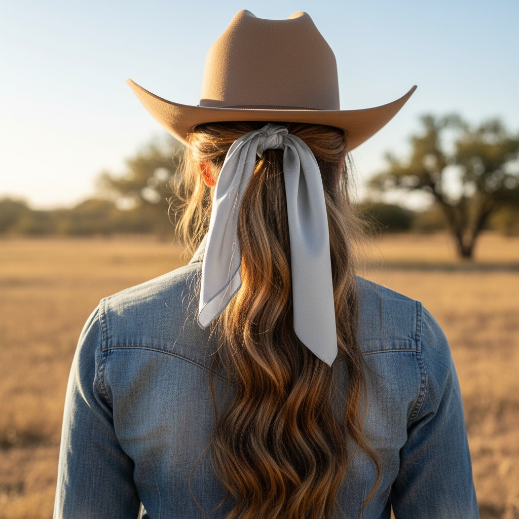 Light gray wild rag 23x23 scarf styled as hair tie on cowgirl