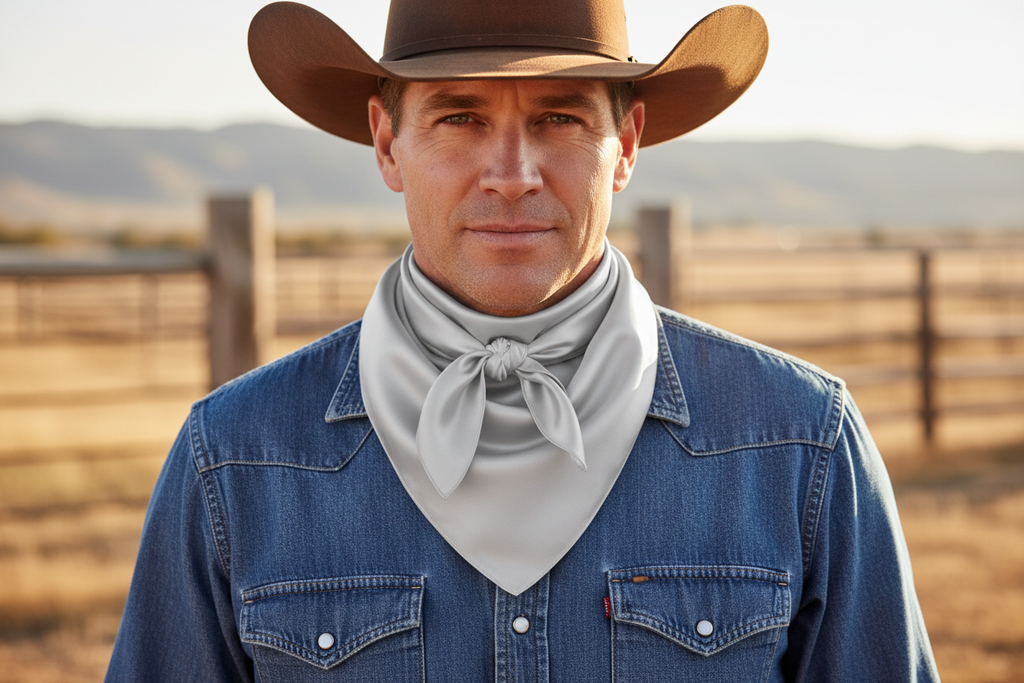 Light gray wild rag scarf doubled around cowboy's neck matching product photo