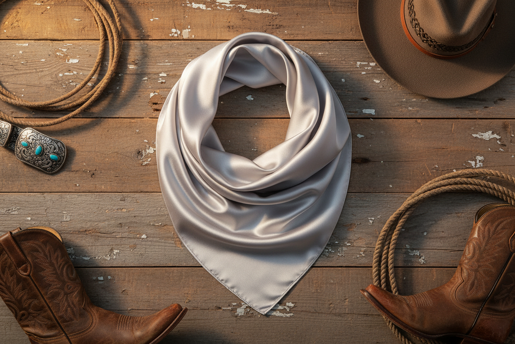 Light gray wild rag scarf flat lay on weathered wood fence