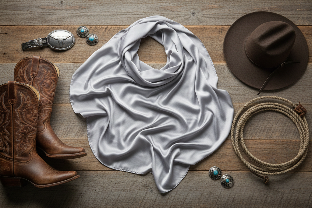 Light gray wild rag scarf flat lay with western accessories