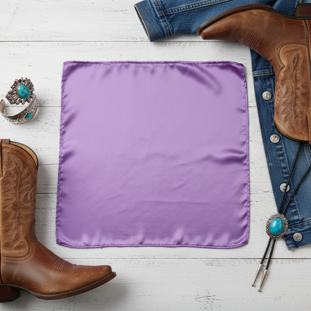 Lilac purple satin scarf 19x19 flat lay with western accessories