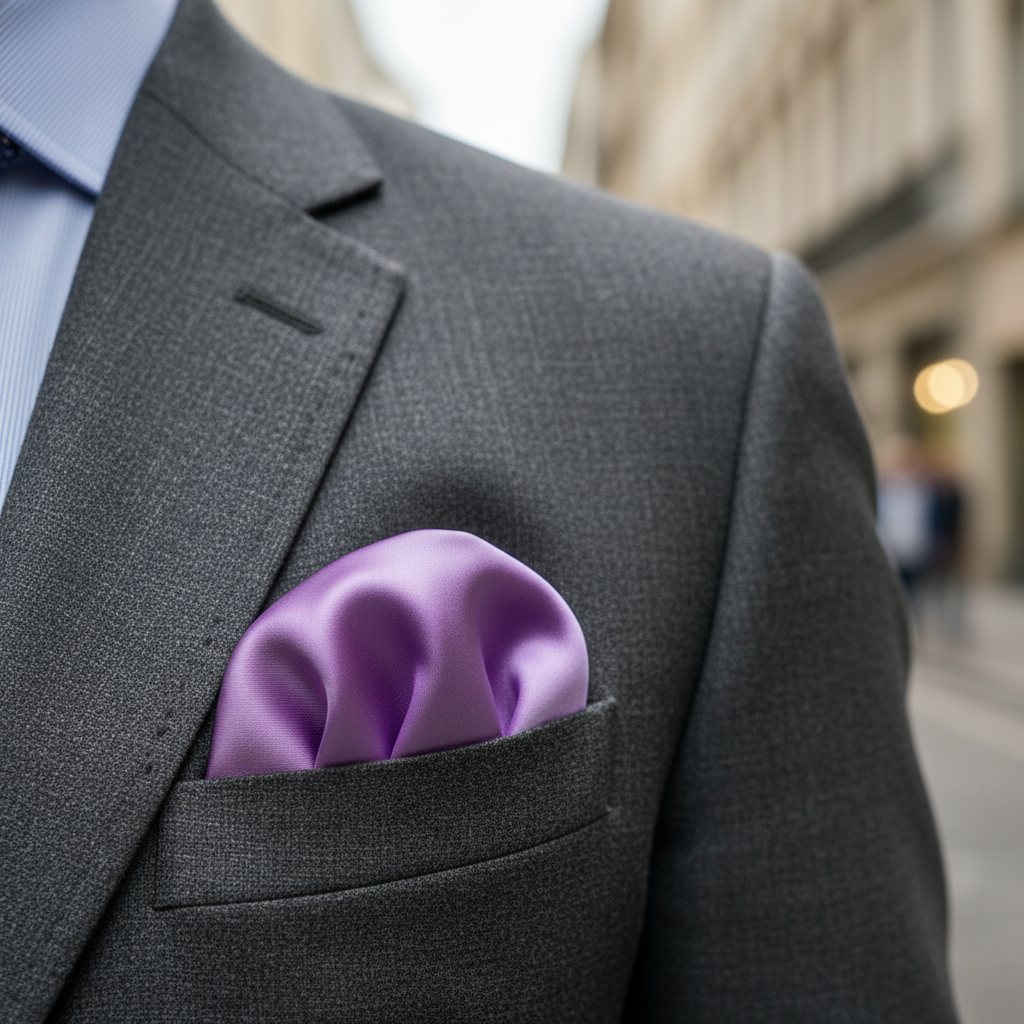 Lilac purple satin scarf 19x19 folded as pocket square in blazer