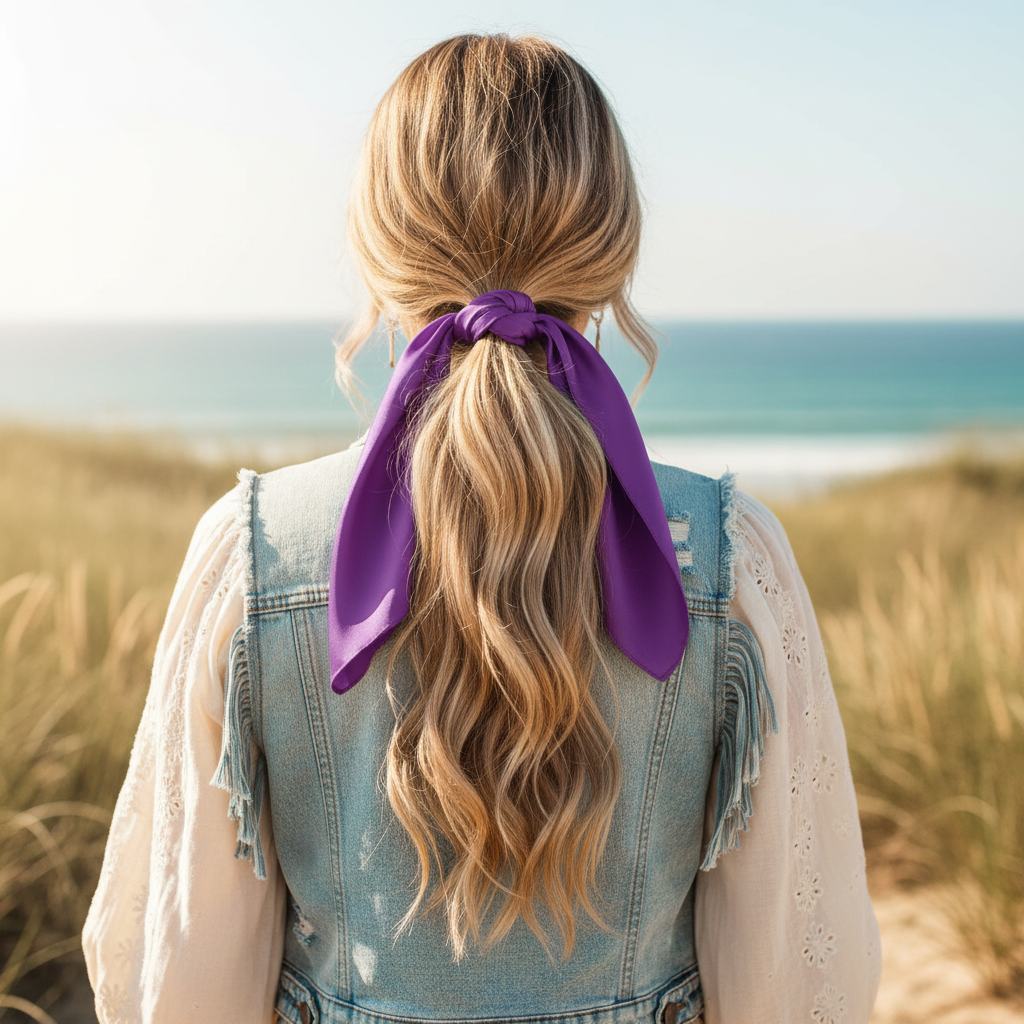 Lilac purple satin scarf 19x19 tied at ponytail draping down