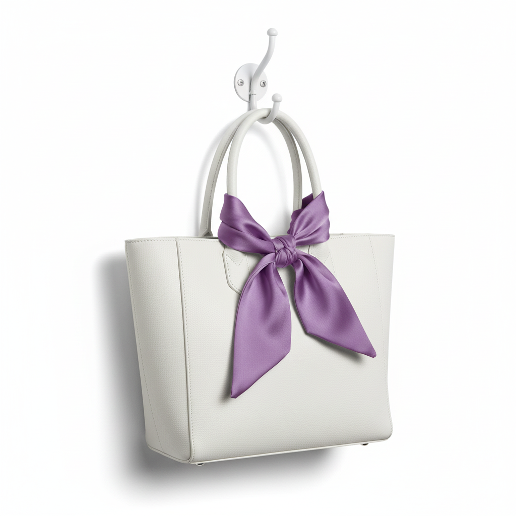 Lilac purple satin scarf 19x19 tied on white purse draping down