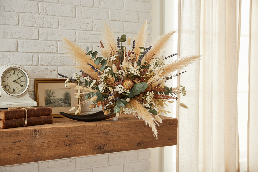 Decorative floral arrangement on a wooden shelf with a clock and books in the background.