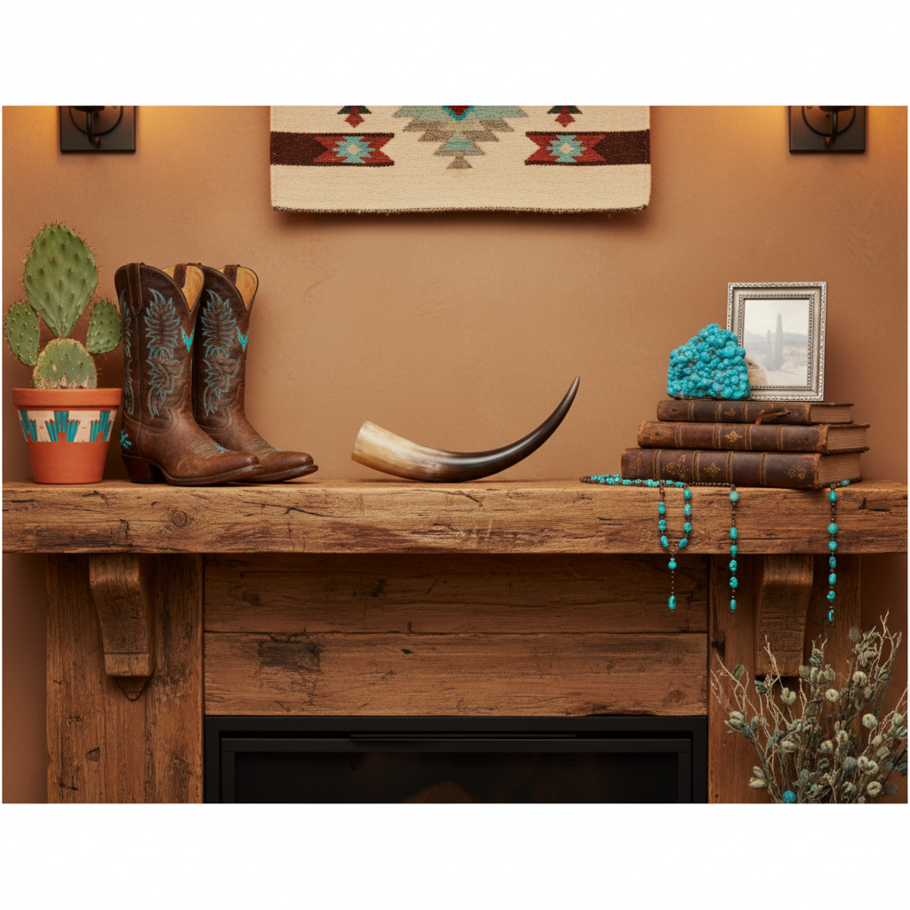Longhorn horn on rustic mantel with southwestern decor