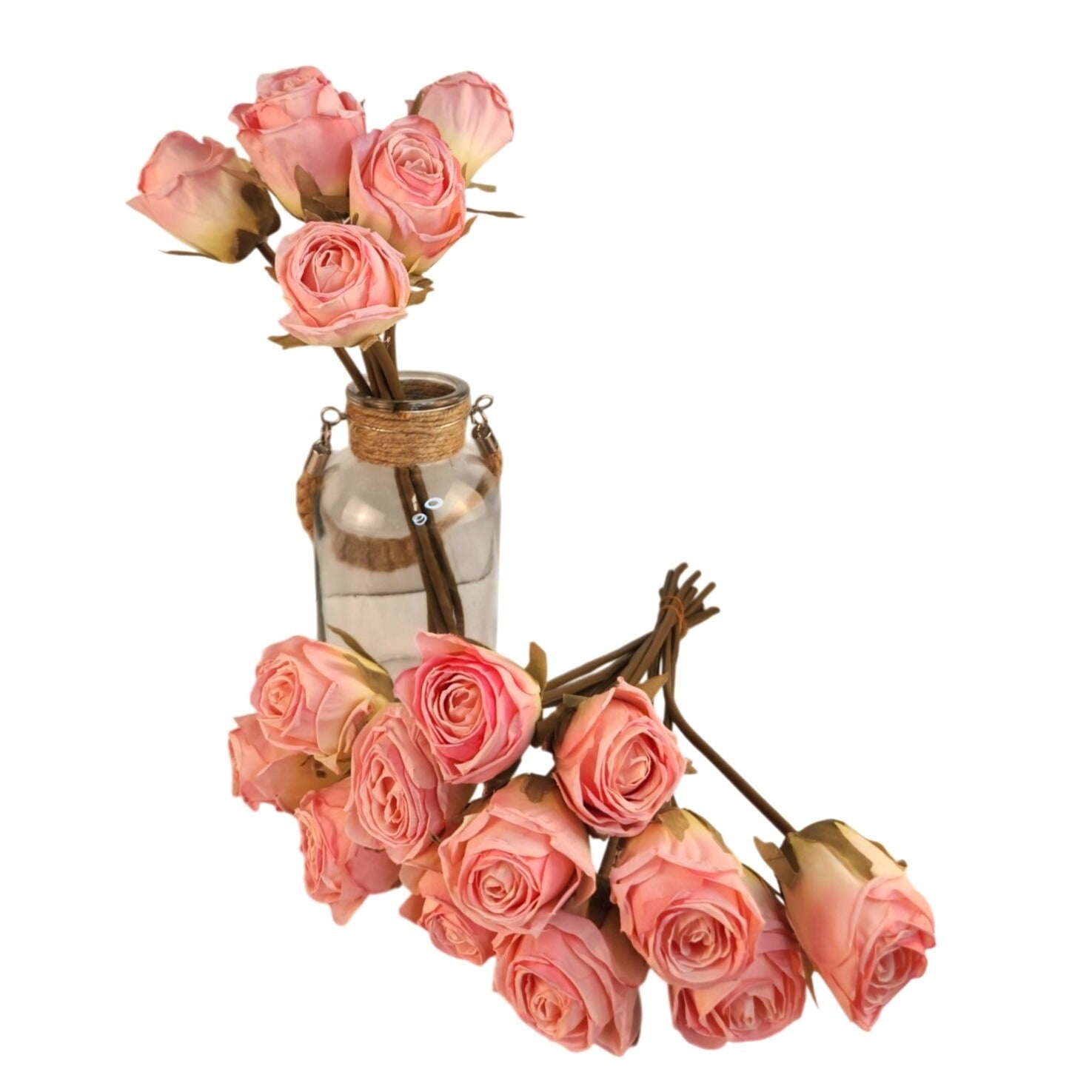 Blush Pink Faux Rose Bouquet Linen Wrapped Rustic Floral Decor Wedding Centerpiece
