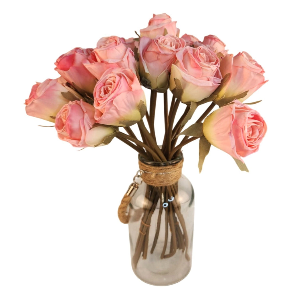 Blush Pink Faux Rose Bouquet Linen Wrapped Rustic Floral Decor Wedding Centerpiece