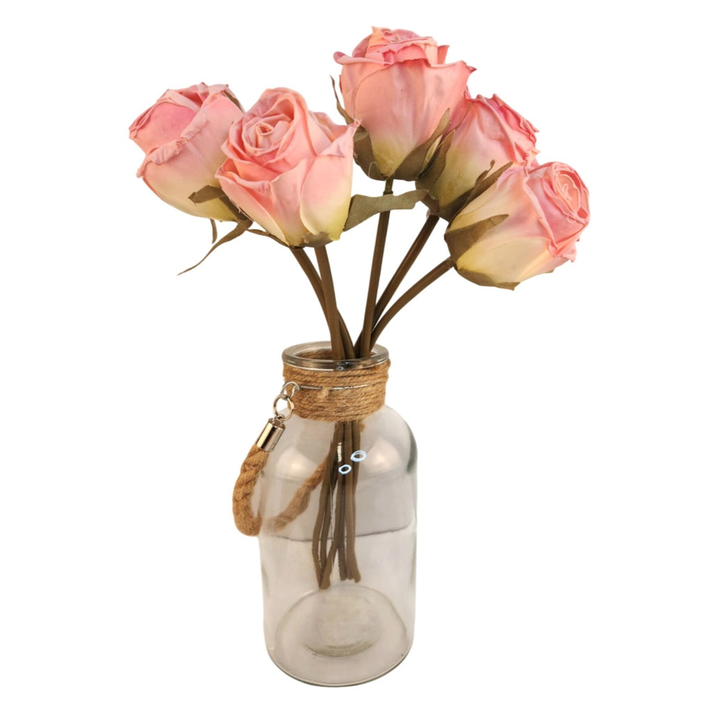 Blush Pink Faux Rose Bouquet Linen Wrapped Rustic Floral Decor Wedding Centerpiece