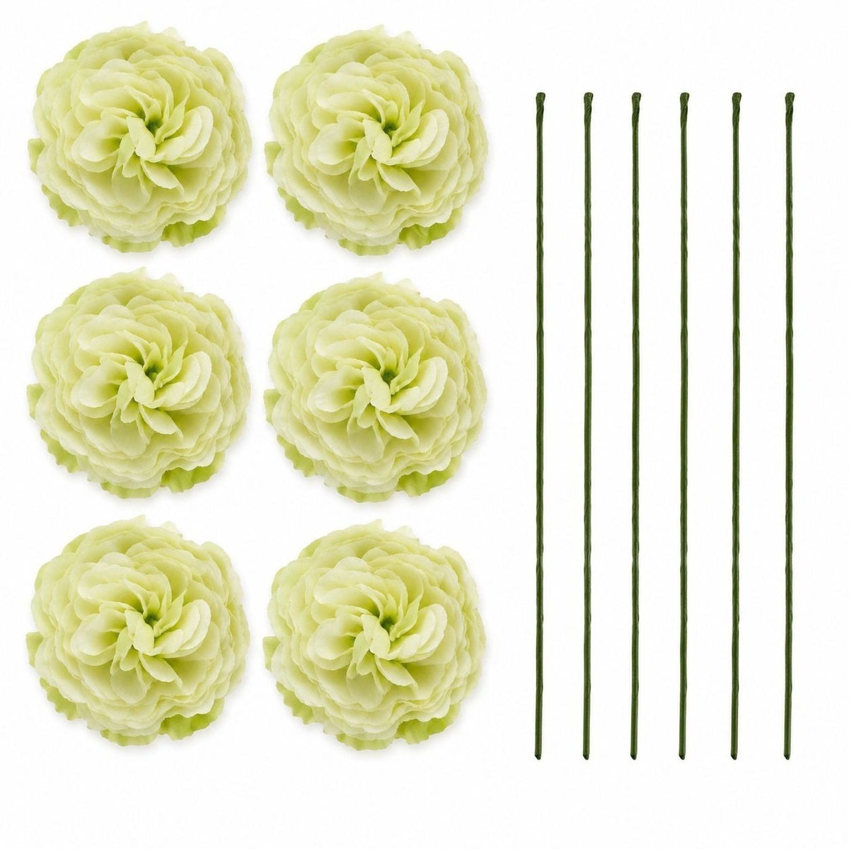 Pale Green Artificial Peony Ranunculus Flowers Set of 6, 3 in Flower Heads