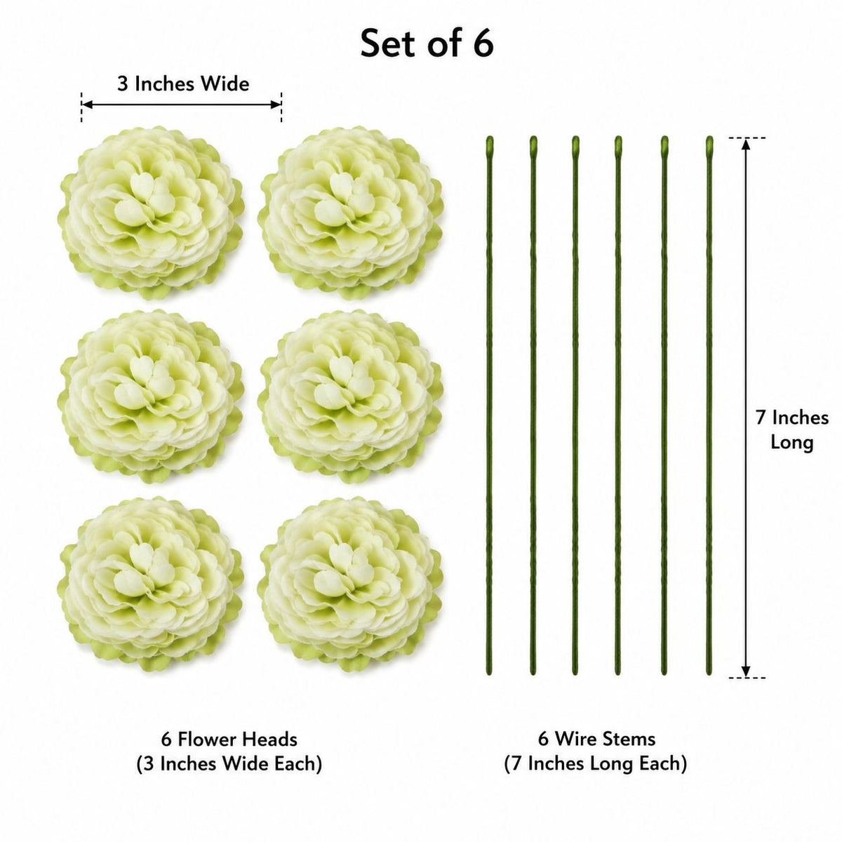 Pale Green Artificial Peony Ranunculus Flowers Set of 6, 3 in Flower Heads