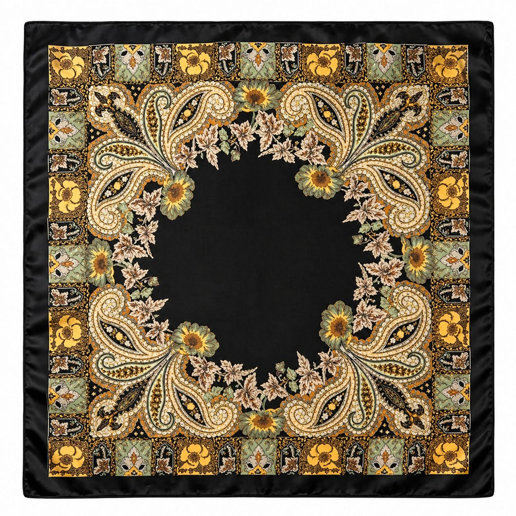 Luxury Paisley Floral Satin Scarf for Women – 27" Square Black Gold Sage Green Satin Scarf with Hand-Rolled Hem, Vintage Boho Elegant Headscarf