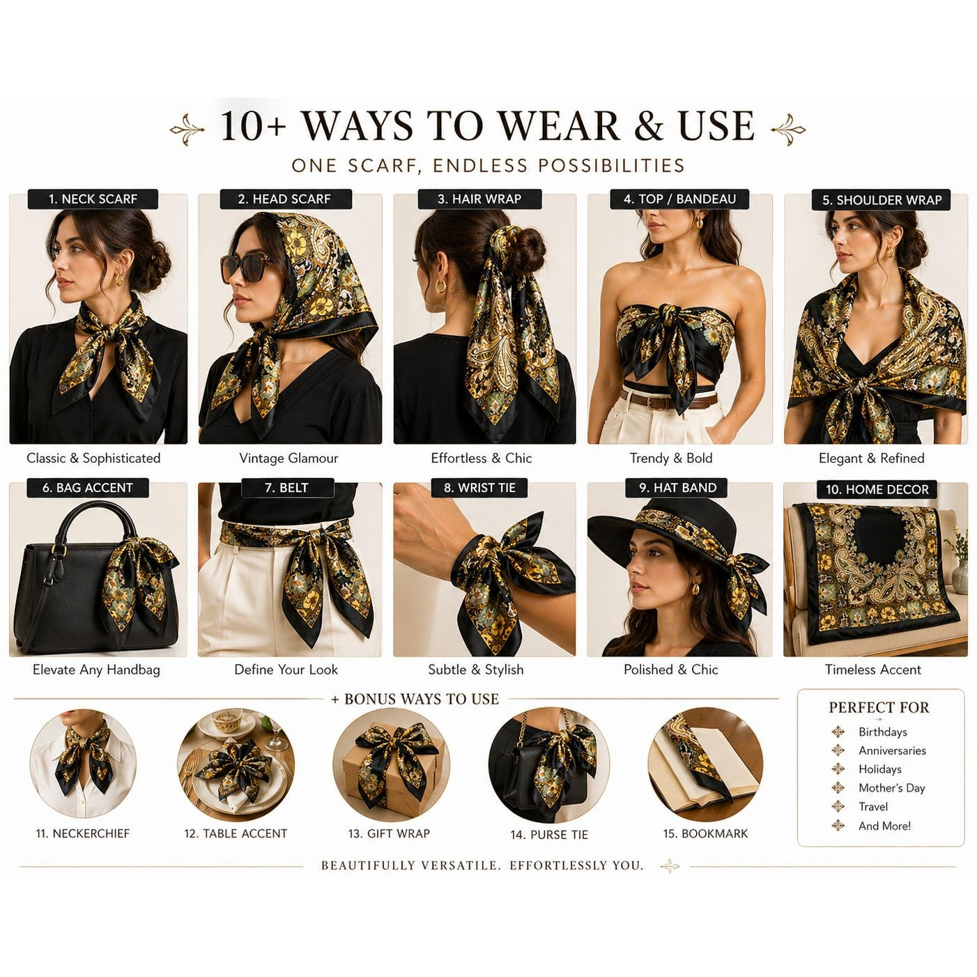 Luxury Paisley Floral Satin Scarf for Women – 27" Square Black Gold Sage Green Satin Scarf with Hand-Rolled Hem, Vintage Boho Elegant Headscarf