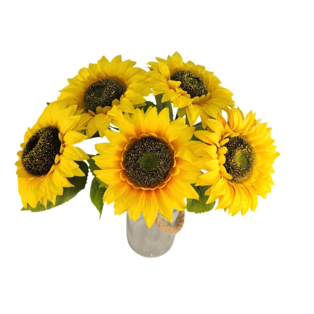Artificial Sunflower Bouquet 5 Stems 18 Inch 5 Inch Blooms Vibrant Yellow Silk Flowers