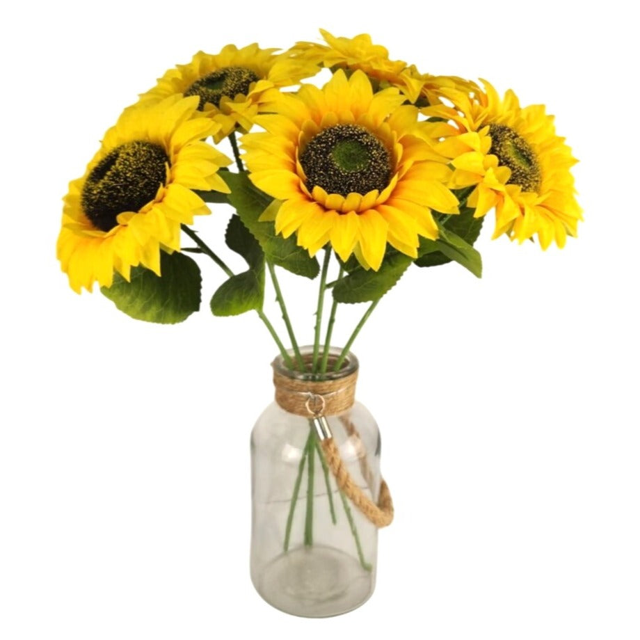 Artificial Sunflower Bouquet 5 Stems 18 Inch 5 Inch Blooms Vibrant Yellow Silk Flowers