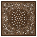 A square bandana featuring a classic paisley pattern in brown, white, and tan, laid flat against a white background.