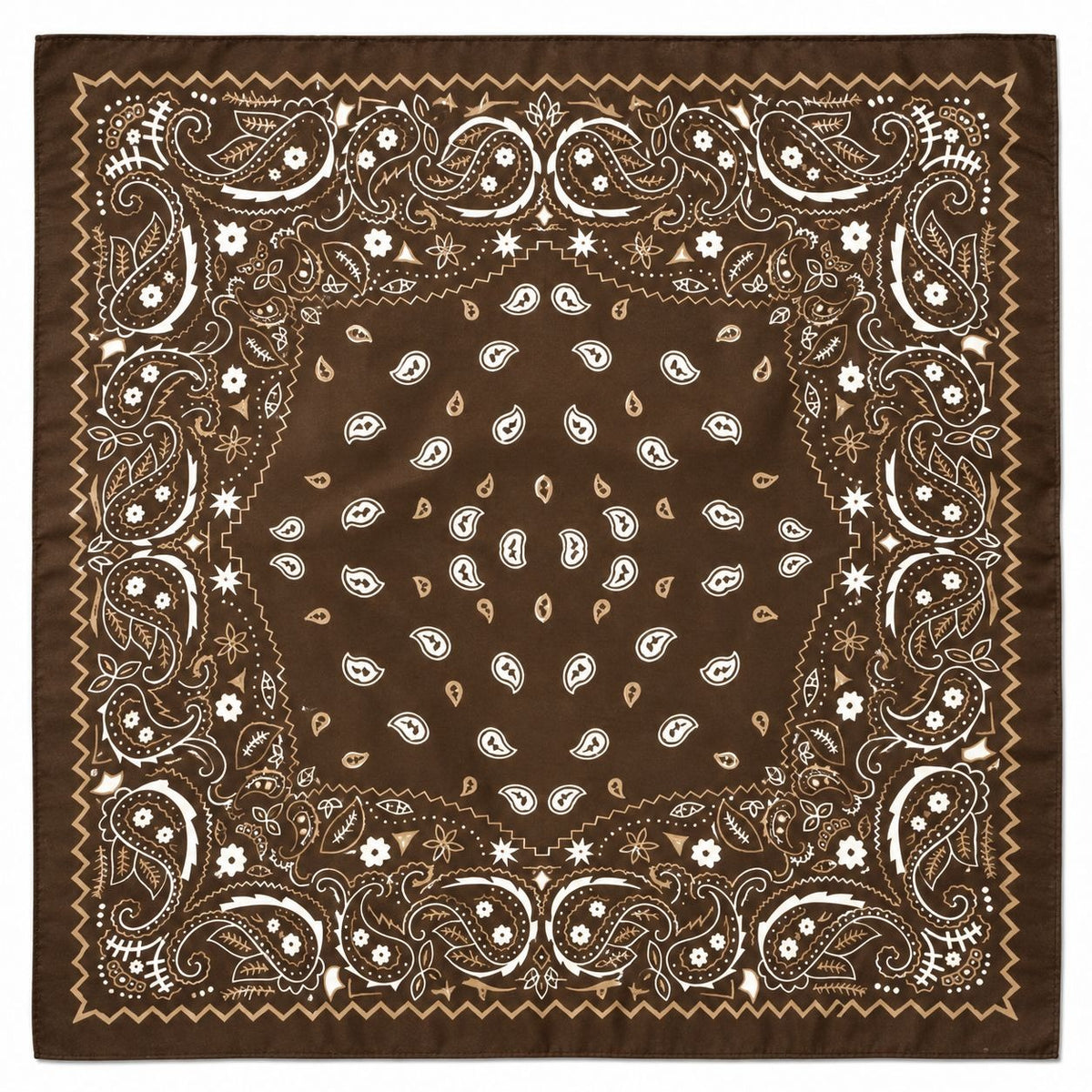 A square bandana featuring a classic paisley pattern in brown, white, and tan, laid flat against a white background.